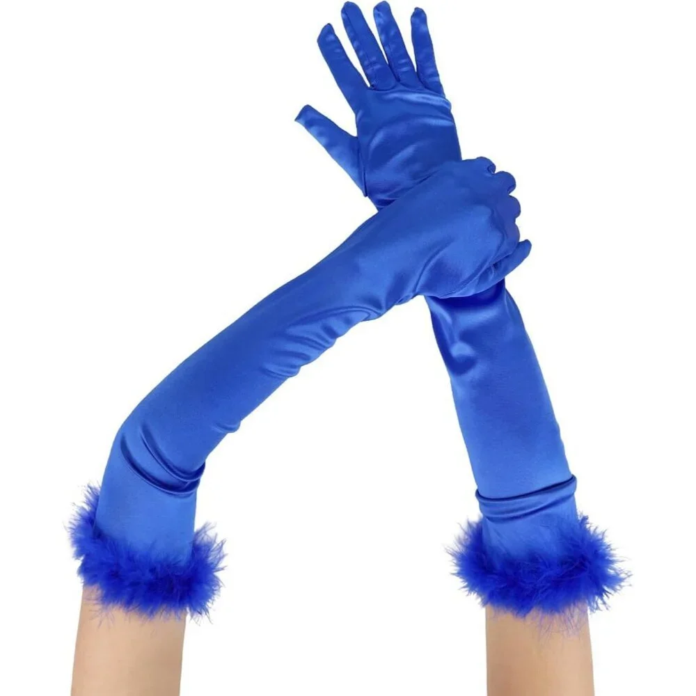 Women's Long Elbow Length Blue Satin Feather Trim Evening Gloves Tea Party